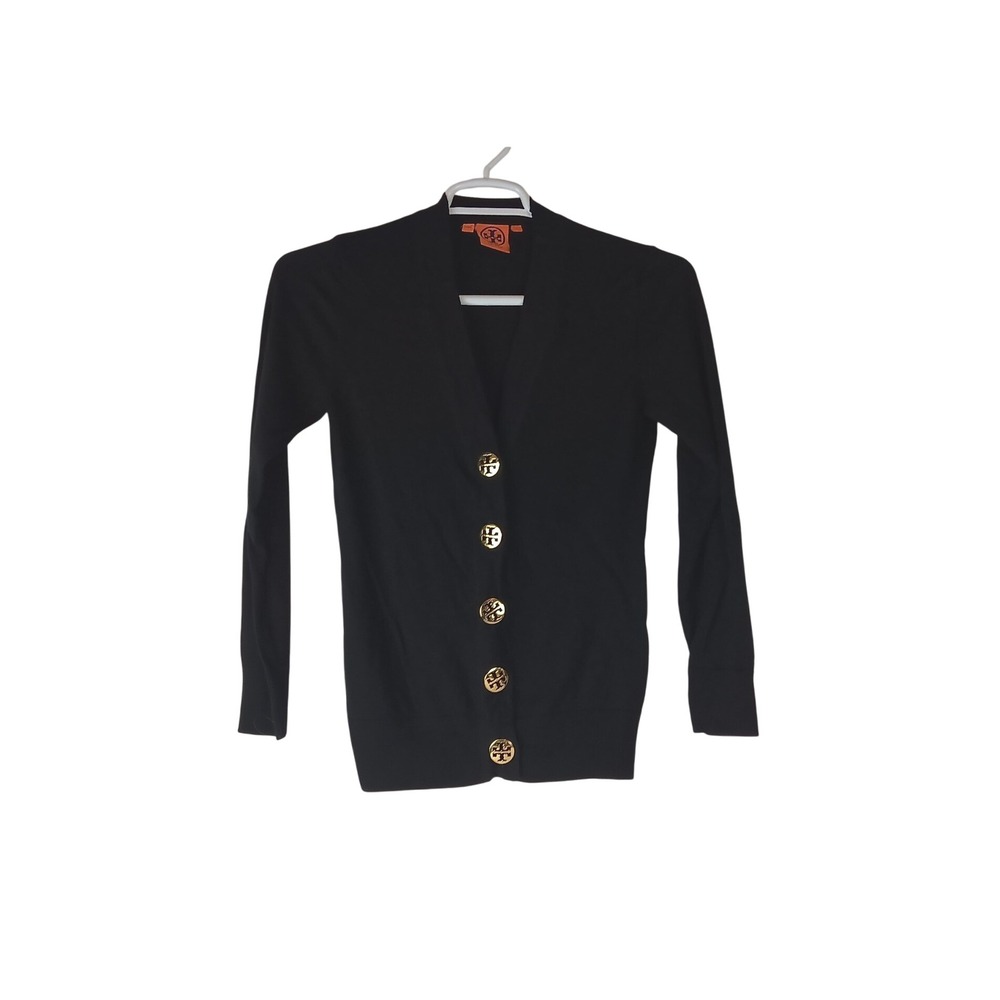 Tory Burch Simone Black Merino Wool V-Neck Cardigan Logo Gold Buttons Size S